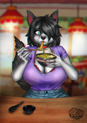  anthro big_breasts bra breasts choker clothing eating eating_food fan_character female food hi_res jewelry madbrainarts mammal necklace noodles restaurant solo underwear visible_underwear 