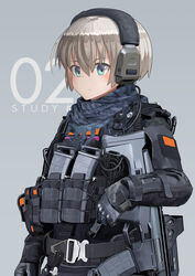  adaptive_combat_rifle aqua_eyes assault_rifle autism_wanderer bad_id bad_pixiv_id blonde_hair commentary english_commentary female gloves gun headset highres load_bearing_vest military original remington_arms rifle short_hair simple_background solo weapon 