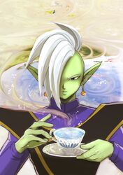  1boy ameneko blue_background colored_skin dragon_ball dragon_ball_super earrings food-themed_earrings green_skin hair_over_one_eye jewelry long_sleeves looking_at_viewer male_focus mohawk orange-shaped_earrings pointy_ears potara_earrings solo steam white_hair zamasu 