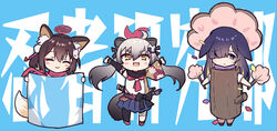  3girls ahoge animal_ears arms_up black_hair black_legwear black_sailor_collar black_skirt blue_archive blue_background blush bow brown_eyes brown_hair cat_ears chibi closed_eyes closed_mouth disguise fal_(fal-se-0) fox_ears fox_girl gradient_hair grey_hair hair_between_eyes hair_ornament hair_over_one_eye holding izuna_(blue_archive) log long_hair long_sleeves looking_at_viewer michiru_(blue_archive) multicolored_hair multiple_girls neckerchief ninja ninjutsu_research_club_(blue_archive) open_mouth pleated_skirt rabbit_ears rabbit_girl raccoon_ears raccoon_girl raccoon_tail sailor_collar scarf school_uniform serafuku short_sleeves skirt smile standing tail tsukuyo_(blue_archive) very_long_hair 