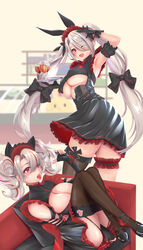  2girls absurdres adapted_costume alternate_costume animal_ears armpits ass asymmetrical_legwear azur_lane black_dress black_footwear black_garter_straps black_gloves black_thighhighs blush breasts cleavage clothing_cutout commentary cross dress fake_animal_ears fingerless_gloves frilled_straps full_body garter_straps gloves high_heels highres holding holding_tray huge_breasts iron_cross large_breasts long_hair looking_at_viewer manjuu_(azur_lane) multicolored_hair multiple_girls official_alternate_costume prinz_adalbert_(after-hours_service)_(azur_lane) prinz_adalbert_(azur_lane) prinz_heinrich_(azur_lane) red_dress red_eyes red_hair single_thighhigh spekkio36 standing streaked_hair symbol-only_commentary thigh_strap thighhighs tray two-tone_dress two-tone_hair underboob underboob_cutout very_long_hair white_hair 