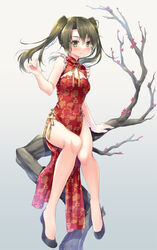  alternate_costume black_footwear cleavage_cutout clothing_cutout comiket_99 commentary_request dark_green_hair dress female frilled_dress frills full_body green_eyes highres kantai_collection long_hair looking_at_viewer minakami_nagara red_dress side_slit sitting solo thighs tree twintails zuikaku_(kancolle) 