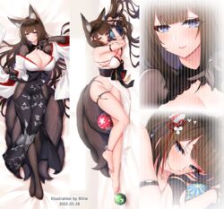  amagi_(azur_lane) amagi_(wending_waters_serene_lotus)_(azur_lane) animal_ear_fluff animal_ears azur_lane ball bikini billie_(meng_gong_fang) black_dress blue_eyes bodystocking breast_cutout breasts brown_hair brown_sash brown_tail cleavage dakimakura_(medium) dress female floral_print fox_ears full_body green_ball kitsune kyuubi long_hair multiple_tails multiple_views official_alternate_costume open_bikini open_clothes red_ball see-through swimsuit tail two-tone_dress very_long_hair white_bikini white_dress 