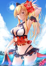  absurdres arm_strap armpits bikini black_bow black_ribbon blonde_hair blue_sky bow breasts cleavage cloud commentary_request covered_nipples cowboy_shot criss-cross_halter day female flower frilled_bikini frills granblue_fantasy groin hair_between_eyes hair_flower hair_ornament hairbow halterneck hand_in_own_hair hibiscus high_ponytail highres large_breasts long_hair looking_at_viewer navel ocean official_alternate_costume outdoors palm_tree parted_lips pink_flower red_eyes red_flower resuta ribbon sky smile solo standing swimsuit tree very_long_hair vira_(granblue_fantasy) vira_(summer)_(granblue_fantasy) wading white_bikini 