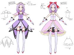  2girls bad_id bad_twitter_id bare_shoulders boots commentary_request concept_art dress earrings eyelashes fpminnie1 gloves hair_ornament high_heel_boots high_heels highres jewelry logo looking_at_viewer magical_girl medium_hair multiple_girls original pink_dress pink_eyes pink_hair precure purple_dress reference_sheet simple_background thigh_boots thighhighs translation_request white_background white_gloves 