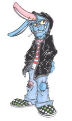  2019 absurd_res alpha_channel anthro biped blue_body blue_fur buckteeth cigarette clothed clothing damaged ear_piercing facial_hair fangs footwear front_view fur grin hare hi_res hodgepodge_(krolik) hoodie jacket krolik lagomorph leporid long_ears male mammal markings piercing pink_body pink_fur portrait pose rabbit red_eyes scar sharp_teeth shoes signature smile smoking solo standing surgical_suture tattoo teeth topwear traditional_media_(artwork) undead zombie 