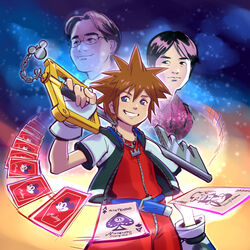  3boys blue_eyes brown_hair card disney highres iwata_satoru jacket jewelry jiminy_cricket keyblade kingdom_hearts kingdom_key mickey_mouse multiple_boys necklace nintendo over_shoulder pinocchio_(disney) playing_card real_life sakurai_masahiro smile sora_(kingdom_hearts) spiked_hair stup-jam super_smash_bros. upper_body weapon weapon_over_shoulder 