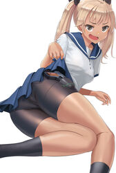  ass autism_wanderer bad_id bad_pixiv_id bike_shorts black_socks blonde_hair brown_eyes clothes_lift colt_1903 commentary dark-skinned_female dark_skin female gun handgun highres holster holstered kneehighs lifting_own_clothes original pantylines school_uniform serafuku skirt skirt_lift smug socks solo twintails weapon white_background 