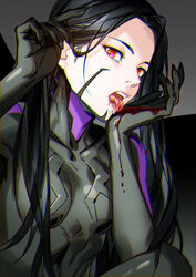  adjusting_hair akakokko_(niro_azarashi) birdmen black_bodysuit black_hair blood blood_on_hands bodysuit hand_in_own_hair licking_blood long_hair looking_at_viewer open_mouth red_eyes simple_background teeth tongue tongue_out wang_ying_huang 