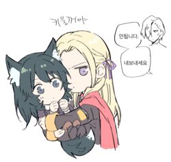  1boy 2girls akni animal_ears ascot black_eyes blonde_hair blue_hair brown_pantyhose byleth_(female)_(fire_emblem) byleth_(fire_emblem) cape carrying cat_ears chibi commentary_request edelgard_von_hresvelg epaulettes fire_emblem fire_emblem:_three_houses gloves hair_ornament hair_over_one_eye hair_ribbon hubert_von_vestra korean_commentary korean_text long_hair looking_at_viewer multiple_girls pantyhose purple_eyes red_cape ribbon short_hair simple_background smile translation_request uniform 