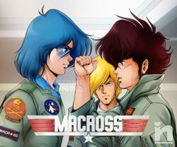  1980s_(style) 3boys artist_name blonde_hair blue_eyes blue_hair blue_shirt brown_hair choujikuu_yousai_macross clenched_hand collared_shirt copyright_name crossover from_side glasses hair_behind_ear hair_over_one_eye ichijou_hikaru logo_parody macross male_focus manly maximilian_jenius multiple_boys one_eye_covered open_mouth parted_lips pete_&quot;maverick&quot;_mitchell pilot_suit retro_artstyle roy_focker saotome_nanda science_fiction shirt sideburns skull_and_crossbones tom_&quot;iceman&quot;_kazansky top_gun watermark 