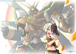  black_camisole blazing_gundam blue_eyes brown_hair camisole character_name clenched_hand clenched_hands ebi_frion_(natsuiro_matsuri) english_commentary female fusion g_gundam gaogaigar glowing glowing_eyes glowing_hand god_gundam green_eyes grey_skirt gundam gundam_breaker gundam_breaker_battlogue gundam_build_divers gundam_build_divers_re:rise gundam_tryon_3 highres hololive jacket logo logo_parody mecha midriff natsuiro_matsuri natsuiro_matsuri_(1st_costume) navel off-shoulder_jacket off_shoulder ogre_gn-x open_hand orange_jacket parody pinguinkotak red_eyes robot science_fiction side_ponytail skirt super_robot title_parody v-fin virtual_youtuber yuusha_ou_gaogaigar yuusha_series z&#039;gok 