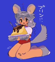  animal_ears black_eyes blue_background blush female food grey_hair mouse_ears mouse_girl mouse_on_shoulder open_mouth original plate pudding red_shorts shirt short_hair short_sleeves shorts simple_background smile solo soreeyu_(sore-yu) tail white_shirt 