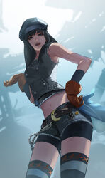  bare_shoulders belt black_hair blue_eyes blue_hat brown_belt brown_gloves debris denim denim_shorts female final_fantasy final_fantasy_vii gauss_&lt;bokashi gloves hand_on_own_hip hat highres kyrie_canaan long_hair midriff navel open_mouth shorts solo striped_clothes striped_thighhighs teeth thighhighs torn torn_clothes upper_teeth_only 