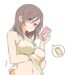  bare_shoulders breasts brown_eyes brown_hair cellphone commentary female glasses hand_under_clothes holding holding_phone joshi_kousei_no_mudazukai kikuchi_akane large_breasts long_hair motion_lines navel okuda_(okudayou) parted_lips phone pink-framed_eyewear smartphone solo speech_bubble tank_top upper_body white_background 