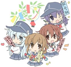  4girls akatsuki_(kancolle) anchor_symbol bad_id bad_twitter_id blue_eyes brown_eyes brown_hair chibi commentary_request flat_cap folded_ponytail grey_hair hair_ornament hairclip hat hibiki_(kancolle) highres hizuki_yayoi ichininmae_no_lady ikazuchi_(kancolle) inazuma_(kancolle) kantai_collection long_hair multiple_girls neckerchief one_eye_closed pleated_skirt purple_eyes purple_hair red_neckerchief school_uniform serafuku short_hair skirt smile tanabata tanzaku translated upper_body 