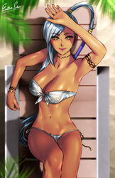  beach beach_chair bikini breasts code_geass dark-skinned_female dark_skin esther_shen female jewelry large_breasts looking_at_viewer necklace outdoors ponytail sand signature smile solo swimsuit tan villetta_nu yellow_eyes 