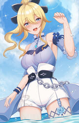  :d belt blonde_hair blue_eyes blue_sky blush bow chains cloud cloudy_sky commentary_request female genshin_impact hair_between_eyes hair_ribbon hairbow highres horizon jean_(genshin_impact) jean_(sea_breeze_dandelion)_(genshin_impact) long_hair looking_at_viewer lunarscent ocean official_alternate_costume open_mouth ponytail ribbon scrunchie sidelocks sky smile solo swimsuit thigh_strap wading water_drop wrist_scrunchie 