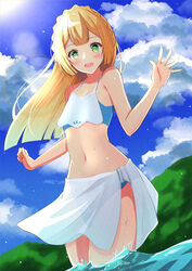  :d bare_arms bikini blonde_hair blue_bikini blue_sky blunt_bangs blush braid cloud collarbone cowboy_shot crown_braid day female flat_chest floating_hair green_eyes lillie_(pokemon) long_hair looking_at_viewer navel open_mouth outdoors pokemon pokemon_(anime) pokemon_sm_(anime) sarong sky smile solo standing summer swimsuit toyomi_13 two-tone_bikini very_long_hair wading white_bikini 