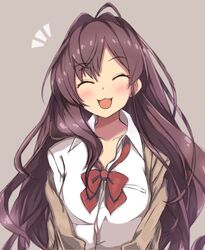  :3 brown_hair closed_eyes commentary_request female ichinose_shiki idolmaster idolmaster_cinderella_girls long_hair naruse_nagi open_mouth partial_commentary school_uniform smile solo 