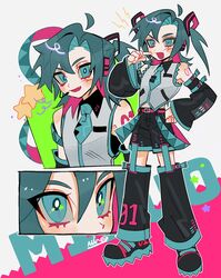  1boy 3mia_hadi3 alternate_costume aqua_eyes aqua_hair aqua_necktie bishounen black_footwear black_leg_warmers black_shorts colored_inner_hair commentary detached_sleeves genderswap_(ftm) half_updo hand_on_own_hip hatsune_mikuo highres leg_warmers male_focus multicolored_background multicolored_hair necktie pink_background pink_hair redesign rule_63 shoes shorts solo star_(symbol) star_in_eye symbol_in_eye twintails vocaloid white_background 