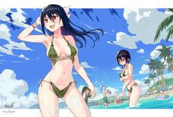  2girls 3boys arm_under_breasts ass_visible_through_thighs bikini black_hair blue_sky blush breast_hold breasts commentary_request contrapposto day embarrassed hair_between_eyes leaf_bikini long_hair medium_breasts multiple_boys multiple_girls navel orange_eyes original outdoors short_hair side-tie_bikini_bottom sidelocks sky swimsuit wading wolksheep wristband 