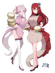  &gt;_&lt; 2girls alternate_costume blue_eyes blue_hair bowl braid breasts chibi chibi_inset china_dress chinese_clothes cleavage_cutout clothing_cutout dragon_girl dragon_horns dragon_tail dress duel_monster dumpling food full_body highres holding holding_bowl horns kitchen_dragonmaid large_breasts laundry_dragonmaid long_hair multicolored_hair multiple_girls nurse_dragonmaid pink_hair red_hair sakuragi_raia tail thighhighs two-tone_hair yu-gi-oh! 