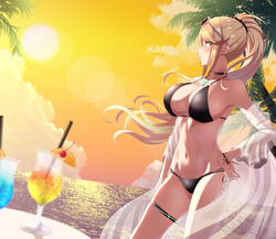  bare_arms bare_shoulders bikini black_bikini black_choker black_scrunchie blonde_hair blurry blurry_foreground breasts cherry choker cloud commentary cup drink drinking_glass drinking_straw earrings eyewear_on_head female floating_hair food from_side fruit hair_ornament hair_scrunchie highres jewelry large_breasts lens_flare long_hair mebi_il mythra_(xenoblade) navel orange_(fruit) orange_sky orange_slice outdoors palm_tree ponytail scrunchie see-through sky solo standing stomach sun sunglasses sunset swimsuit table thigh_strap tree xenoblade_chronicles_(series) xenoblade_chronicles_2 yellow_eyes 