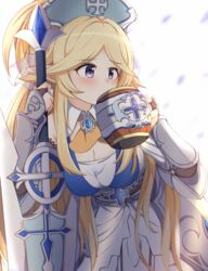  arm_support armor armored_dress ascot beer_mug blonde_hair blush breasts bridal_gauntlets bridal_veil chains cleavage cross cup drinking elf faulds female gauntlets hanehituzi4410 highres holding large_breasts leaning_forward long_hair looking_to_the_side mug parted_bangs pointy_ears princess_connect! purple_eyes sidelocks simple_background solo veil very_long_hair white_background yukari_(princess_connect!) 