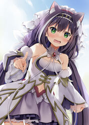  animal_ear_fluff animal_ears bare_shoulders blush brooch cat_ears cat_girl clothing_cutout commentary_request cowboy_shot detached_sleeves dress female flat_chest green_eyes hairband jewelry karyl_(princess)_(princess_connect!) karyl_(princess_connect!) long_hair long_sleeves multicolored_clothes multicolored_dress multicolored_hair natsume_eri navel navel_cutout oerba_yun_fang open_mouth outdoors pointing pointing_at_viewer princess_connect! purple_dress purple_hair solo streaked_hair veil very_long_hair white_hair 