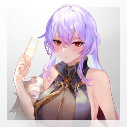  admiral_hipper_(blue_oath) bad_id bad_pixiv_id bare_shoulders between_breasts blue_oath border breasts champagne_flute chinese_commentary cleavage commentary cross cup drinking_glass female freewaterlemon hair_between_eyes highres iron_cross large_breasts lips long_hair looking_at_viewer parted_lips purple_hair red_eyes sidelocks solo 