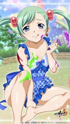  :q aqua_hair bare_legs barefoot blue_dress blue_eyes blurry blurry_background blush closed_mouth collarbone copyright_name dress female flat_chest floating_hair hair_bobbles hair_ornament highres holding holding_brush ikkitousen long_hair looking_at_viewer official_art plaid plaid_dress shokatsuryou_koumei short_dress sitting sleeveless sleeveless_dress smile solo swept_bangs tongue tongue_out twintails 