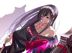  arm_tattoo bare_shoulders black_dress black_hair bow chains collarbone commentary_request dress female floating_hair hair_ornament hairband holding holding_sword holding_weapon kageuchi_suishinshi_masahide_(tenka_hyakken) katana kurukuru_(p!) long_hair machinery off-shoulder_dress off_shoulder parted_lips red_bow red_eyes sidelocks silhouette smile solo sword tattoo tenka_hyakken weapon white_background wide_sleeves 