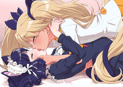  2girls animal_ear_fluff animal_ears blonde_hair blue_hair blue_shirt cat_ears cat_girl cat_tail closed_eyes cowgirl_position cyan_(show_by_rock!!) dog_girl dog_tail drill_hair french_kiss glasses kissing long_hair long_sleeves lying multiple_girls multiple_tails on_back retoree_(show_by_rock!!) saliva senzoc shirt show_by_rock!! tail tongue tongue_out twintails two_tails white_shirt yuri 