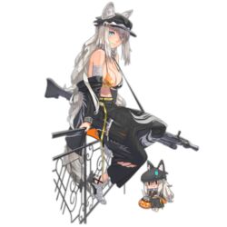  alternate_hair_color animal_ears bandaged_arm bandages belt bikini bikini_top_only black_hat black_pants blue_eyes blush breasts candy candy_cane chains collar covered_nipples defeat ears_through_headwear female fence fingernails food full_body girls&#039;_frontline grey_hair grin gun halloween halloween_costume hat jacket large_breasts long_fingernails long_hair machine_gun mg3 mg3_(girls&#039;_frontline) mg3_(open_your_eyes_it&#039;s_full_moon)_(girls&#039;_frontline) nail_polish oerba_yun_fang off_shoulder official_alternate_costume official_art pants pocket sitting smile solo swimsuit tail torn_clothes torn_pants touko_(kira2yue) transparent_background weapon 