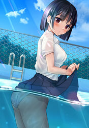  :/ ass black_hair black_skirt blush bob_cut breasts chain-link_fence cloud collared_shirt commentary_request cowboy_shot day female fence highres iwanishi lifting_own_clothes light_rays looking_at_viewer medium_breasts original outdoors panties parted_lips partially_submerged pleated_skirt pool pool_ladder red_eyes see-through shirt short_hair short_sleeves skirt skirt_hold sky solo standing sunlight underwear water wet wet_clothes white_panties white_shirt 