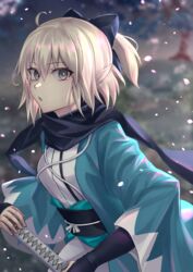  :o ahoge black_bow black_scarf bow cherry_blossoms commentary fate/grand_order fate_(series) female fingernails green_eyes hair_between_eyes hairbow half_updo haori highres holding holding_sword holding_weapon japanese_clothes katana kaze_minoru_so-ru kimono koha-ace looking_at_viewer obi okita_souji_(fate) okita_souji_(koha-ace) outdoors petals ponytail sash scarf shinsengumi short_hair short_ponytail solo sword weapon wide_sleeves 