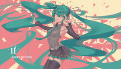  absurdres aqua_eyes aqua_hair aqua_necktie bare_shoulders black_skirt black_thighhighs chinese_commentary commentary detached_sleeves female happy_birthday hatsune_miku highres long_hair looking_at_viewer necktie open_mouth photoshop_(medium) skirt smile solo thighhighs twintails very_long_hair vocaloid yurayura zettai_ryouiki 