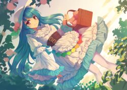  apron basket blue_hair bush corset dress female food frills fruit hat highres hinanawi_tenshi leaf long_hair looking_at_viewer mechrailgun peach peach_tree red_eyes smile solo sunset touhou waist_apron white_dress white_hat white_legwear wide_sleeves 