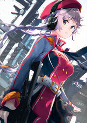  ammunition_pouch belt belt_pouch beret blue_eyes braid cityscape dutch_angle female girls&#039;_frontline gun hair_ornament hat headphones highres holding holding_gun holding_weapon long_hair military military_uniform mille_(dieci) necktie ots-12_(girls&#039;_frontline) pouch ruins solo star_(symbol) star_hair_ornament trigger_discipline uniform very_long_hair weapon white_hair 