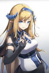  absurdres arknights black_gloves black_skirt blonde_hair blue_eyes blue_hairband blue_necktie breasts bright_pupils commentary cowboy_shot dragon_horns elbow_gloves emblem female gloves gradient_background hairband highres horns large_breasts long_hair looking_at_viewer mcoco7 necktie parted_lips partially_fingerless_gloves pointy_ears saileach_(arknights) shirt skirt smile solo symbol-only_commentary underbust v white_background white_shirt 