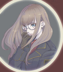  ascot bad_id bad_pixiv_id black_gloves blue-framed_eyewear blue_eyes brown_hair fairy_gone female glasses gloves grey_background klara_kisenaria long_hair long_sleeves morishima_noriko red_ascot simple_background solo uniform upper_body 