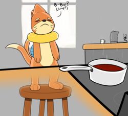  ambiguous_gender ashisprey buizel container cup dialogue exhausted food furniture generation_4_pokemon hi_res kitchen nintendo pokemon pokemon_(species) solo soup stool stove_burner tea_bag tea_cup tired_eyes 