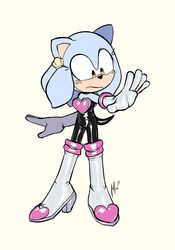  2022 absurd_res anthro blue_body blue_fur blush blush_lines boots clothing cosplay eulipotyphlan fan_character female footwear fur gloves handwear hedgehog hi_res high_heeled_boots high_heels honeydew_(lettuce) lettuce_(artist) mammal narrow_hips rouge_the_bat sega simple_background solo sonic_the_hedgehog_(series) thin_calves thin_legs thin_thighs tight_clothing white_background 