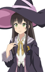  alternate_costume black_hair black_hat black_robe black_skirt blush closed_mouth collared_shirt commentary_request cosplay cp9a dress_shirt elaina_(majo_no_tabitabi) elaina_(majo_no_tabitabi)_(cosplay) female green_eyes hair_between_eyes hand_in_own_hair hand_on_own_chest hat hondo_kaede jewelry light_blush light_smile long_hair long_sleeves looking_ahead looking_away majo_no_tabitabi neck_ribbon open_clothes open_robe pleated_skirt ribbon robe shirt skirt smile solo tatsumi_kon upper_body urara_meirochou voice_actor_connection white_background white_shirt witch_hat yellow_ribbon 