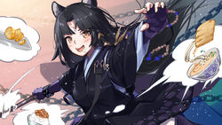  animal_ears arknights black_hair blush bowl brown_eyes commentary_request dog_ears drooling elbow_gloves facial_mark female fingerless_gloves food forehead_mark gloves hellnyaa highres holding holding_polearm holding_weapon infection_monitor_(arknights) japanese_clothes kimono looking_at_viewer noodles open_mouth polearm purple_gloves purple_kimono ramen rice_bowl saga_(arknights) solo spear thought_bubble upper_body weapon 