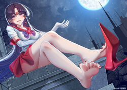  absurdres bare_legs barefoot bishoujo_senshi_sailor_moon black_hair bow commission crossed_legs earrings elbow_gloves feet female foot_focus foreshortening gloves high_heels highres hino_rei impossible_clothes impossible_shirt jewelry legs long_hair magical_girl moon nail_polish night night_sky open_mouth pixiv_commission purple_eyes red_footwear red_nails red_sailor_collar red_skirt sailor_collar sailor_mars sailor_senshi_uniform senyahiro shirt shoe_dangle sitting skirt sky soles solo tiara toenail_polish toenails toes white_gloves white_shirt 