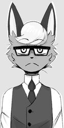  1:2 amaruu animal_crossing anthro clothed clothing digital_media_(artwork) domestic_cat emergence empty_eyes exhausted eyewear felid feline felis frown fur glasses hair hi_res looking_at_viewer male mammal meme monochrome nintendo parody raymond_(animal_crossing) solo 