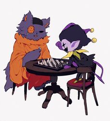  board_game buttons chair chess chess_piece chessboard colored_skin deltarune feline hat highres jester_cap jevil no_humans oerba_yun_fang orange_tunic patch playing_games purple_fur purple_skin scar seam_(deltarune) simple_background smile table tail tunic white_background y_o_u_k_a 