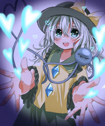  absurdres black_hat collared_shirt eyeball female frilled_shirt_collar frills green_eyes green_skirt grey_hair hair_between_eyes hat hat_ribbon heart heart_of_string highres komeiji_koishi long_sleeves medium_hair open_mouth ribbon salt_(seasoning) shirt skirt smile solo third_eye touhou upper_body wide_sleeves yellow_ribbon yellow_shirt 